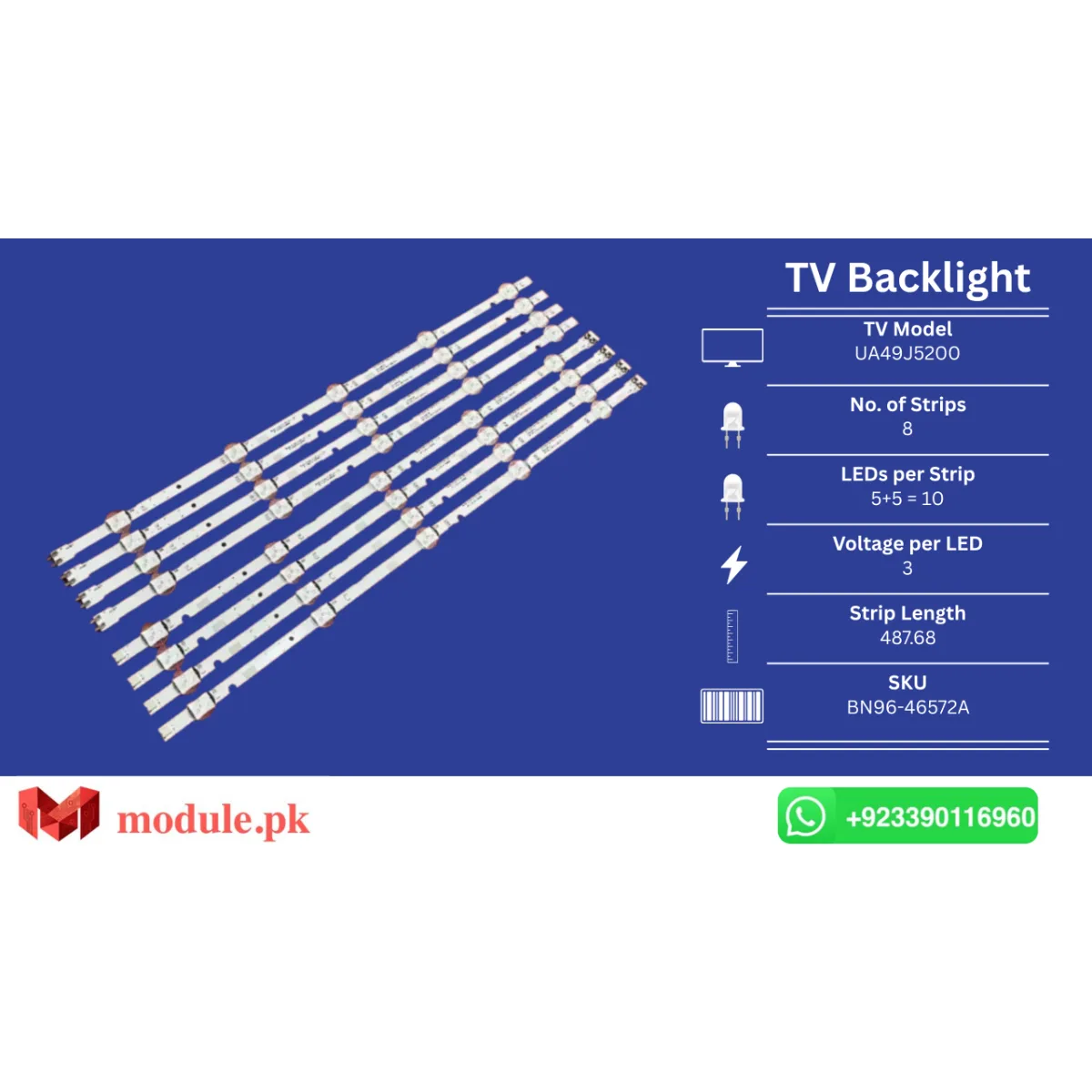 LED Backlight Strip Samsung 49" - 3V - 487.68mm - BN96-46572A