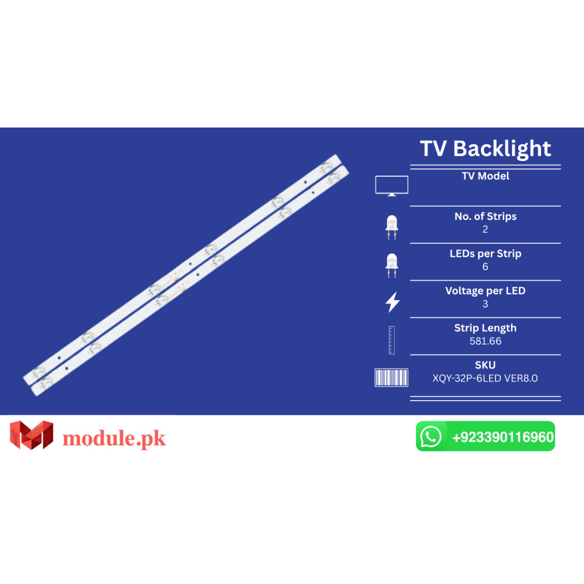 LED Backlight Strip China 32" - 3V - 582mm - XQY-32P-6LED VER8.0