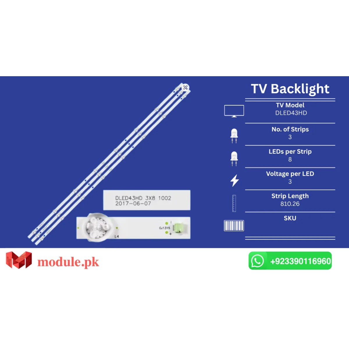 LED Backlight Strip China 43" - 3V - 810mm - DLED43HD 3X8 1002