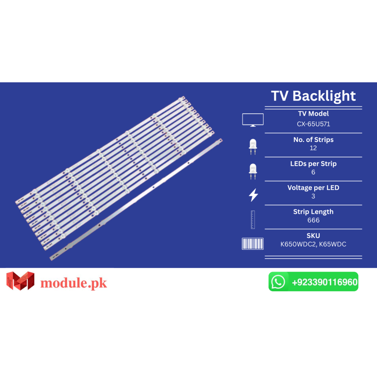 LED Backlight Strip Ecostar 65" - 3V - 666mm - K650WDC2, K65WDC