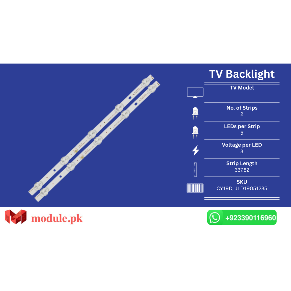 LED Backlight Strip Nobel 19" - 3V - 338mm - CY19D, JLD19051235
