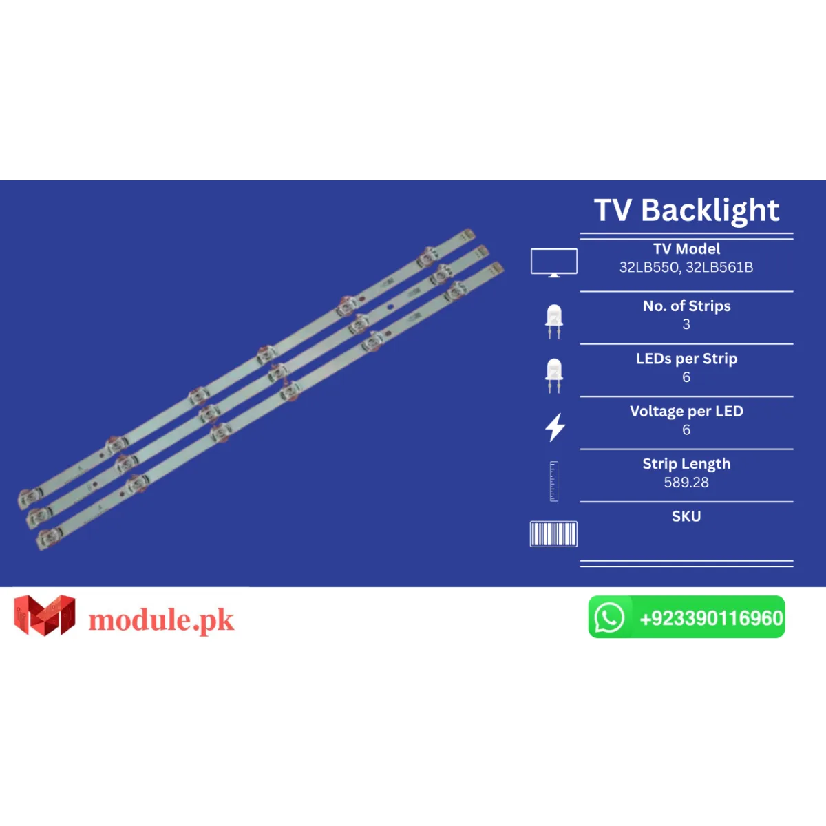 LED Backlight Strip LG 32" - 6V - 589mm - DRT 3.0 32 6916L-1974A