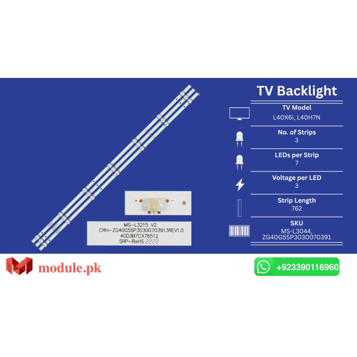 LED Backlight Strip Changhong 40" - 3V - 762mm - MS-L3044, ZG40G5SP3030070391