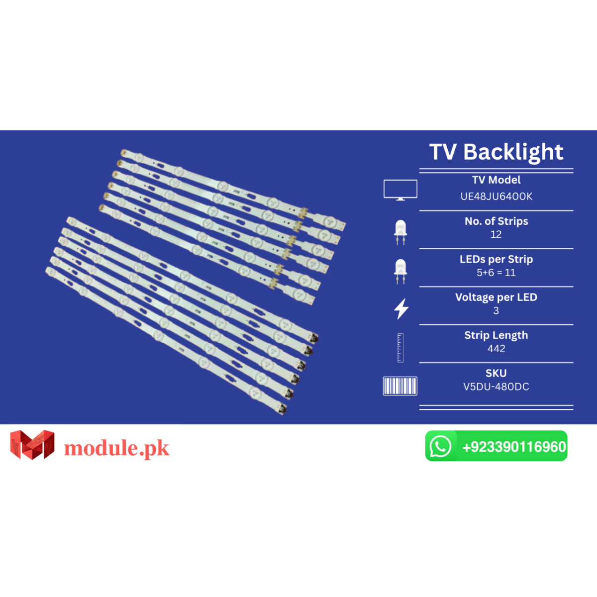 LED Backlight Strip Samsung 48" - 3V - 442mm - V5DU-480DC