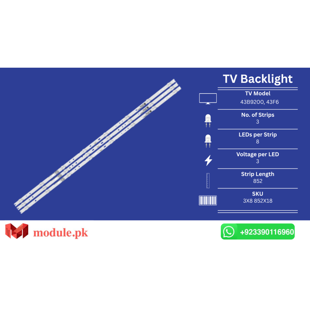 LED Backlight Strip Ecostar 43" - 3V - 852mm - 3X8 852X18