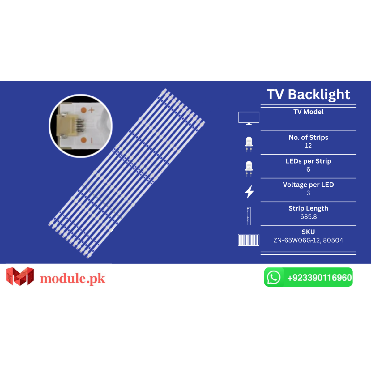 LED Backlight Strip China 65" - 3V - 686mm - ZN-65W06G-12, 80504