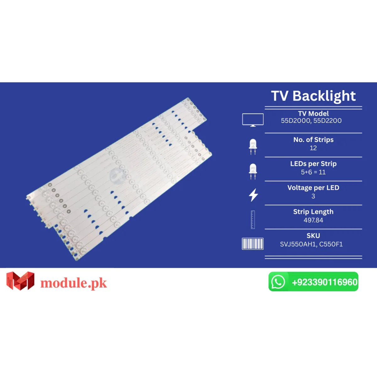 LED Backlight Strip Changhong 55" - 3V - 497.84mm - SVJ550AH1, C550F1