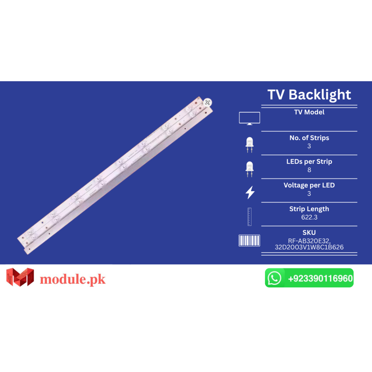 LED Backlight Strip Changhong 32" - 3V - 623mm - 32D2003V1W8C1B626