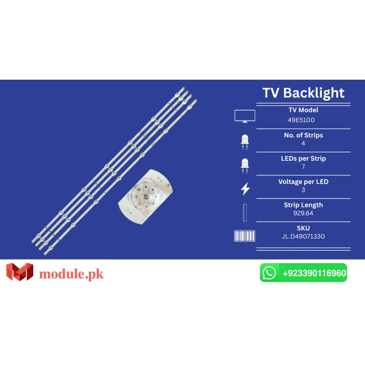 LED Backlight Strip Hisense 49" - 3V - 930mm - 49E5100, 49R4, 49E5600