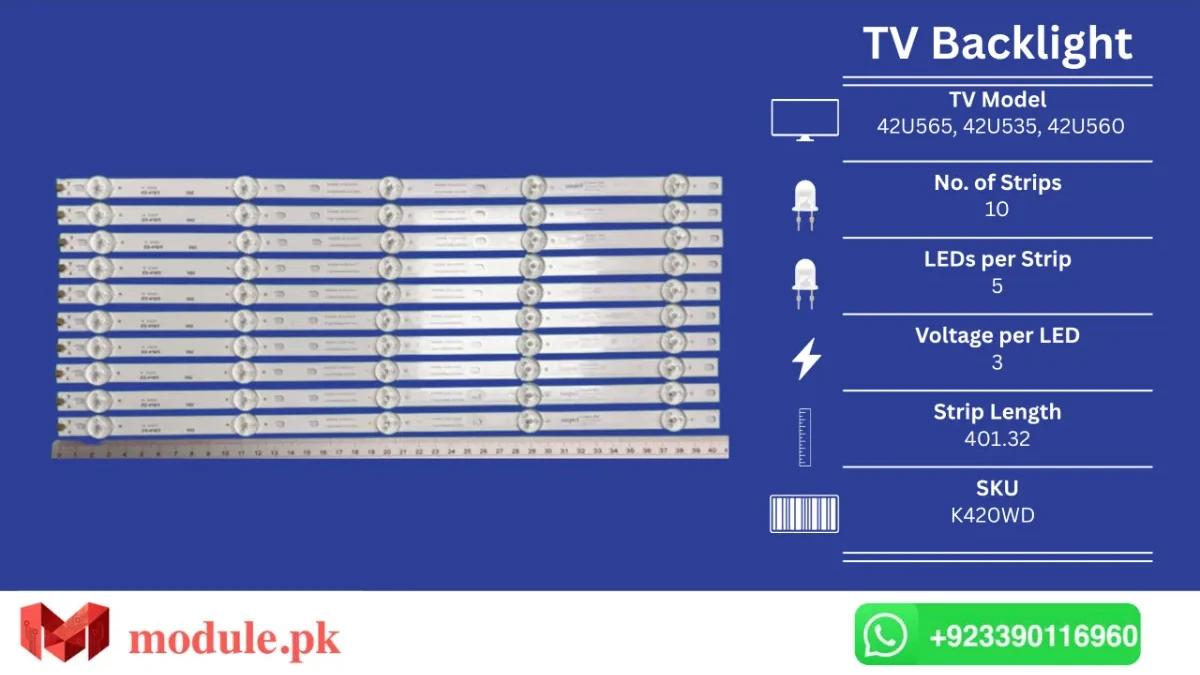 LED Backlight Strip Ecostar 42" - 3V - 401mm - CX-42U565, CX-42U535, CX-42U560, PHILIPS 42PFL3040/T3, PHILIPS 42PFL5040/T3, PHILIPS43PUF6001/T3, PHILIPS42HFL3336/T3, TCL LE42D8800