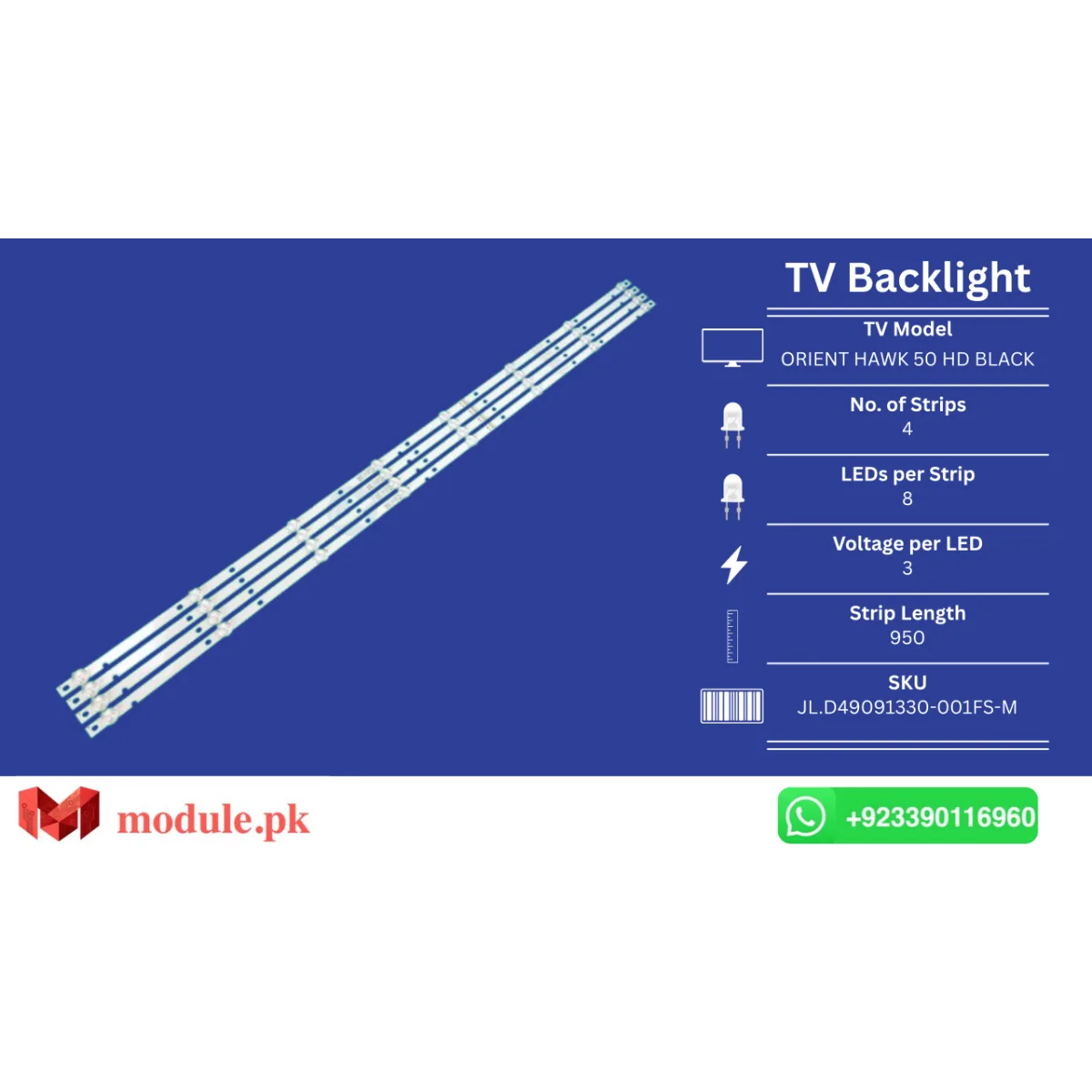 LED Backlight Strip Orient 49" - 3V - 950mm - ORIENT HAWK 49 HD BLACK, SKYWORTH 49U5A, ORIENT HAWK 50 HD BLACK