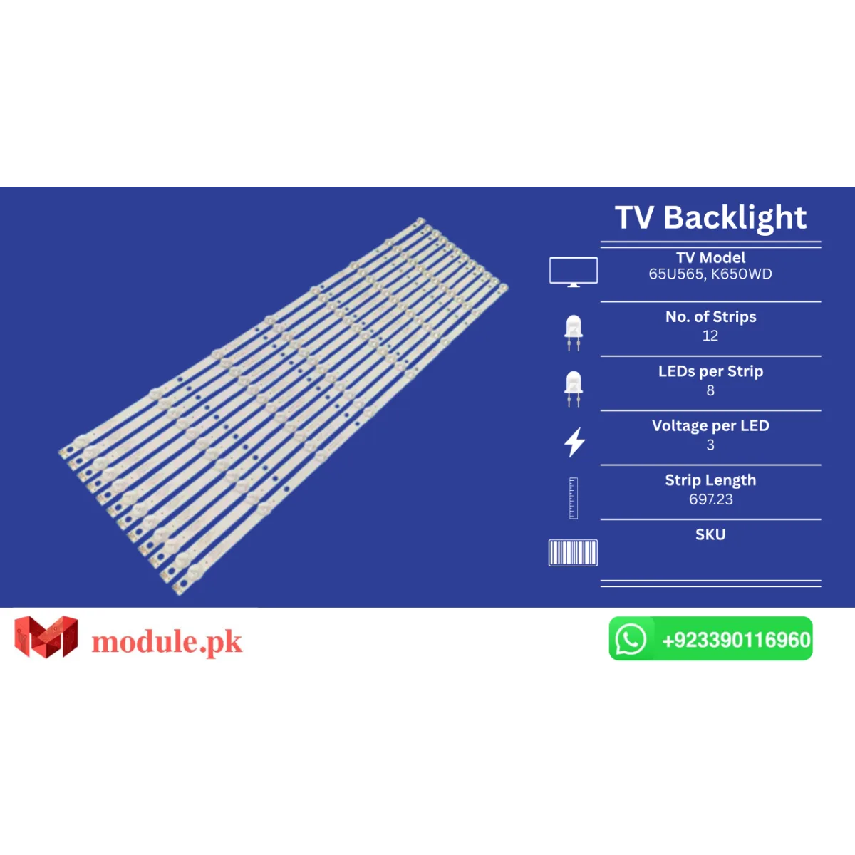 LED Backlight Strip Ecostar 65" - 3V - 697mm - CX-65U565, K650WD, 65PUF6056, 65PUF6031, 65PFF5459, 65PFF5455, TH-65DX400C