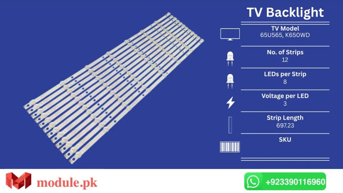 LED Backlight Strip Ecostar 65" - 3V - 697mm - CX-65U565, K650WD, 65PUF6056, 65PUF6031, 65PFF5459, 65PFF5455, TH-65DX400C