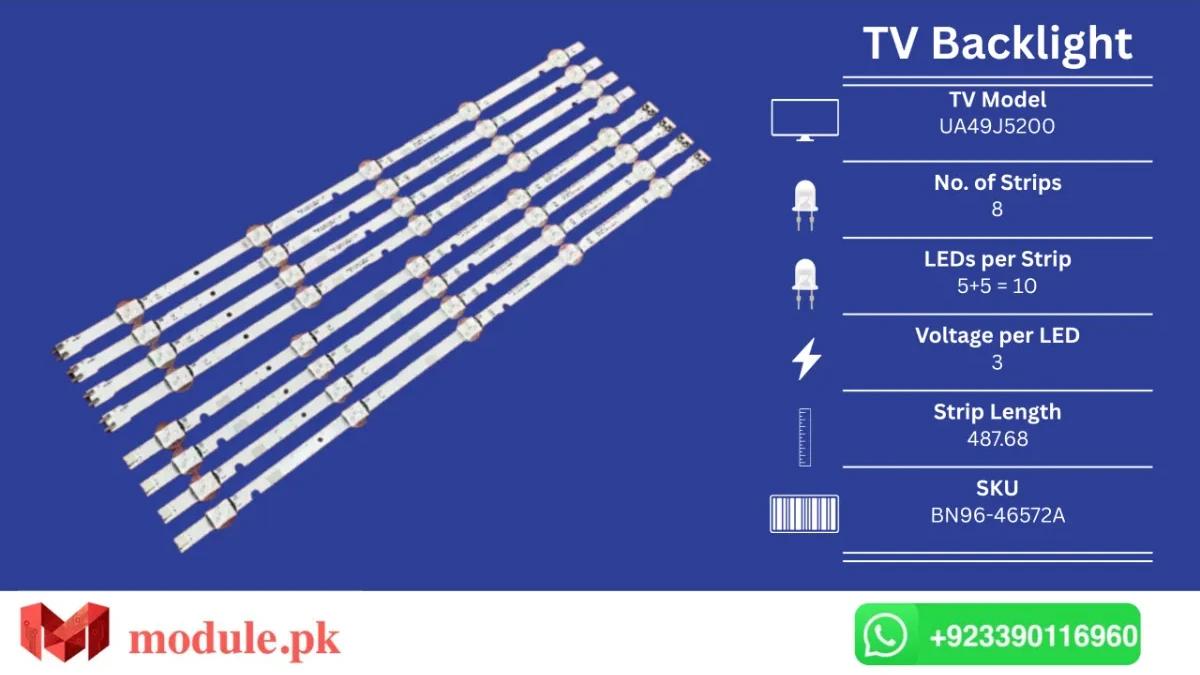 LED Backlight Strip Samsung 49" - 3V - 487.68mm - UA49J5200, UN49N5300, UN49J5290AG, UN49J5200AG, UN49J5290, UN50J5200, UA49N5380, UA49J5000, UA49J5100, UA49J5202, UA49J5250, UA49M5000, UA49M5050, UA48M5100