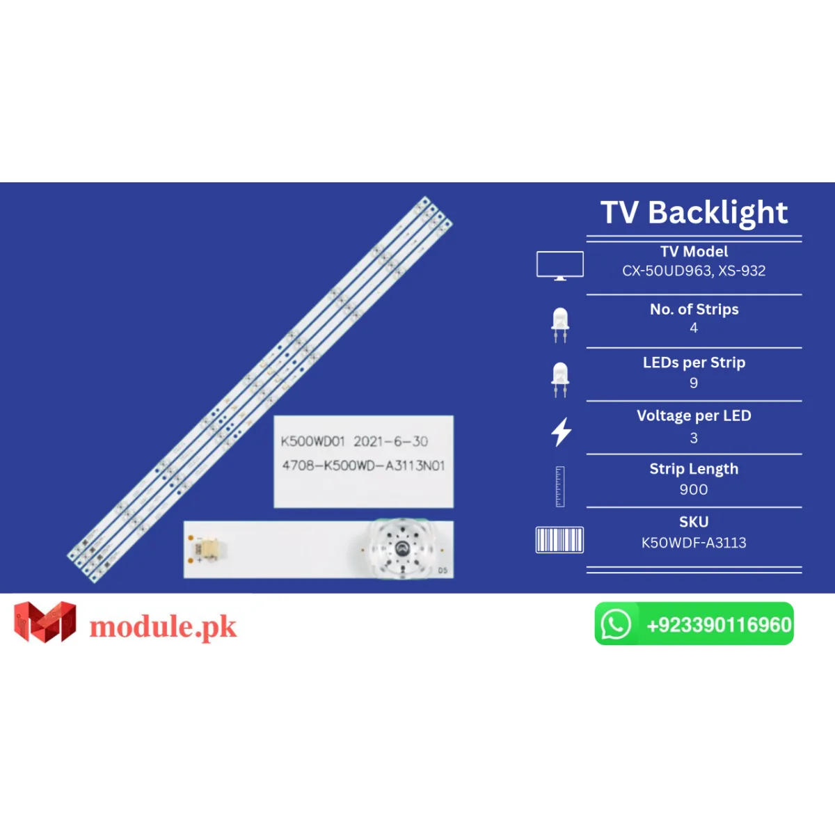 LED Backlight Strip Ecostar 50" - 3V - 900mm - CX-50UD963, XS-932, Sharp 4T-C50CEXA
