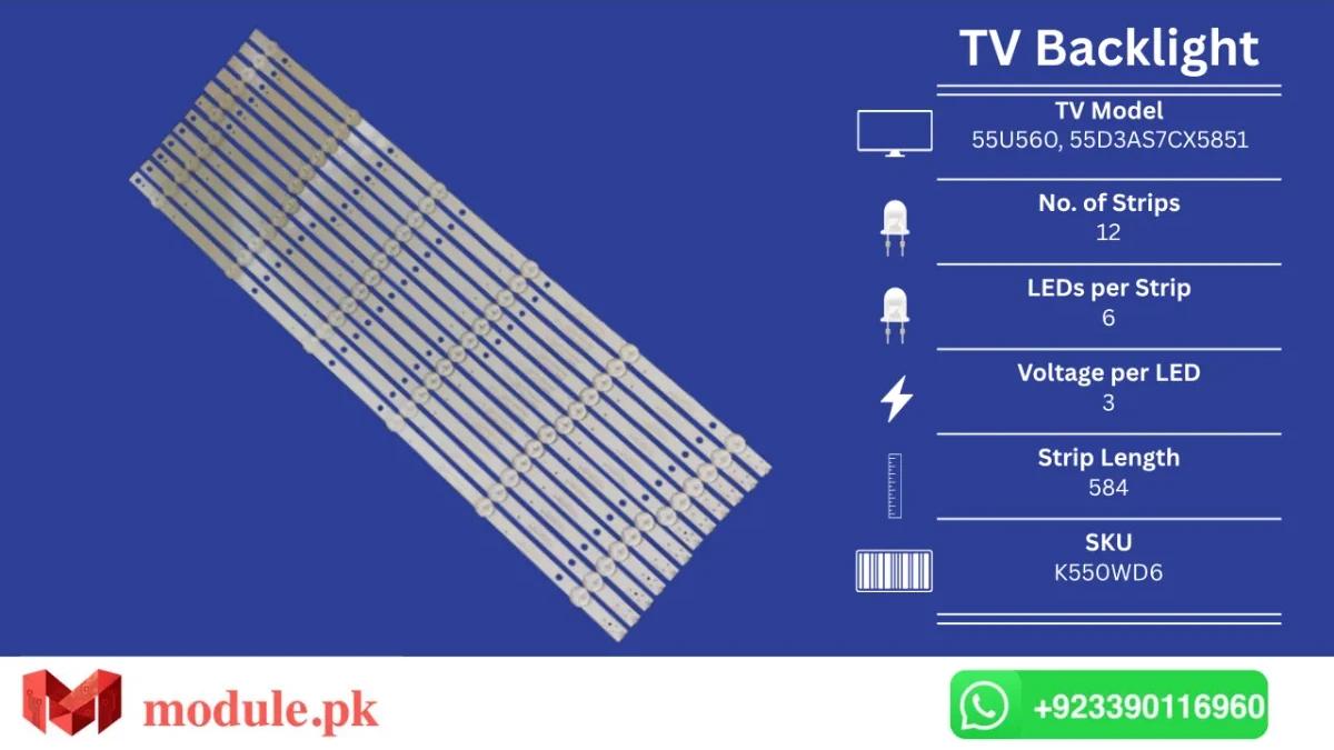 LED Backlight Strip Ecostar 55" - 3V - 584mm - 55U560, 55D3AS7CX5851
