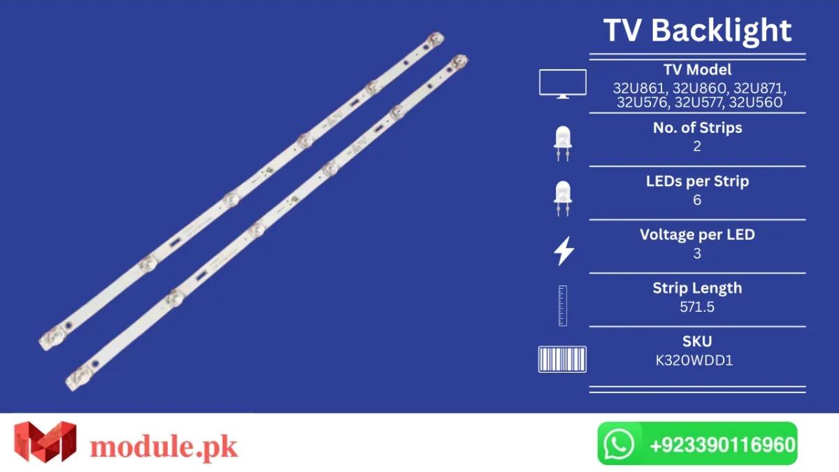 LED Backlight Strip Ecostar 32" - 3V - 572mm - CX-32U861, CX-32U860, CX-32U871, CX-32U576, CX-32U577, CX-32U560, Aconatic 32HS522AN, Aconatic 32HS534AN, AOC 32M3080