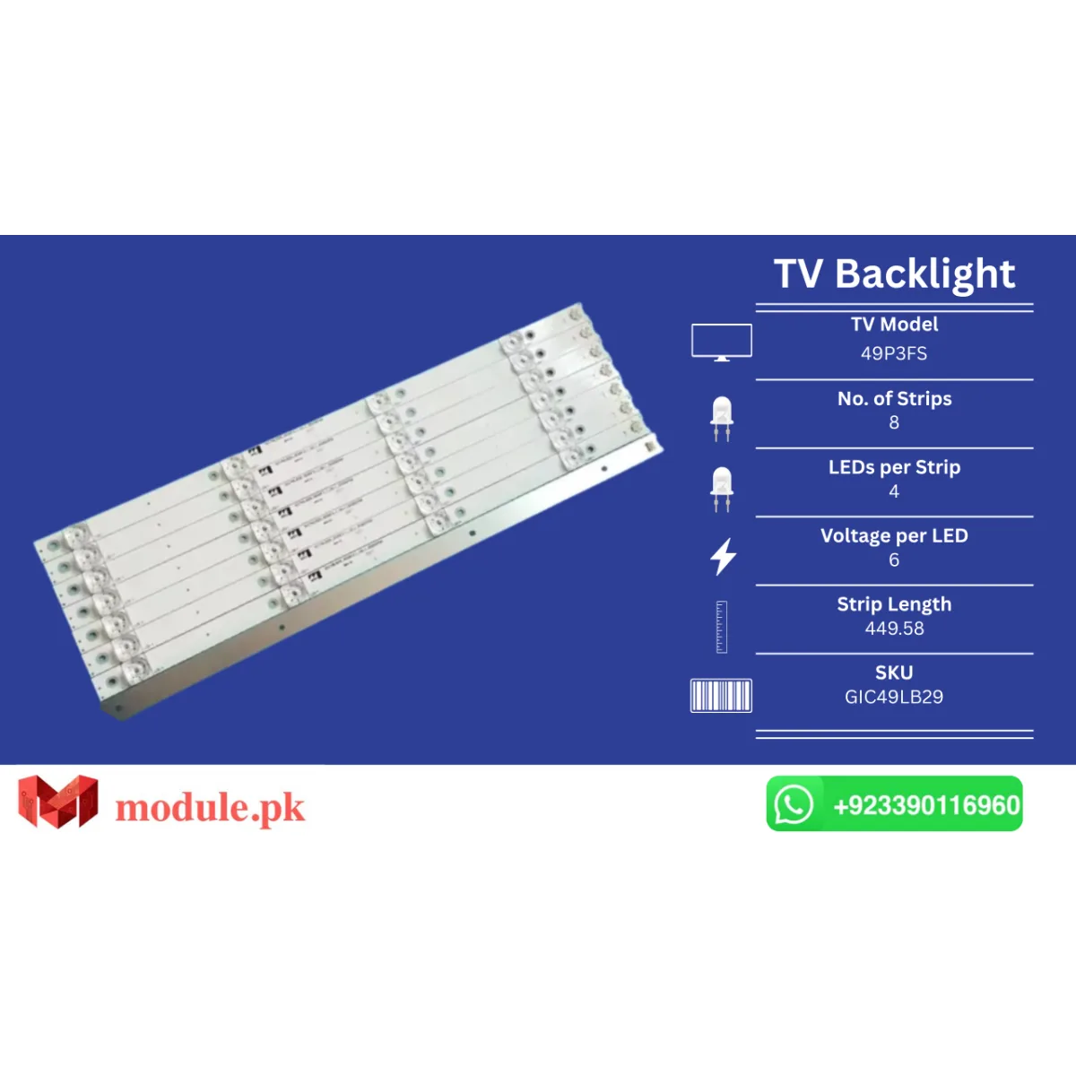 LED Backlight Strip TCL 49" - 6V - 450mm - 49P3FS, 49P3, 49P3F, 49P3C, GIC49LB29