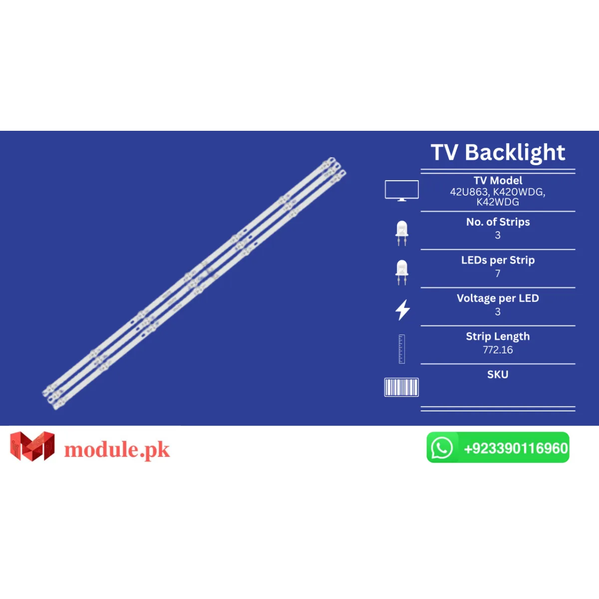 LED Backlight Strip Ecostar 42" - 3V - 772mm - CX-42U863, K420WDG, K42WDG
