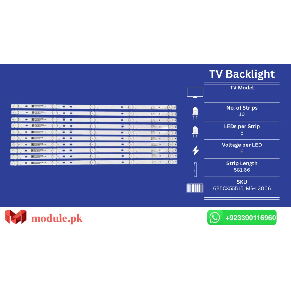 LED Backlight Strip China 55" - 6V - 582mm - 6B5CX55515, MS-L3006, K58DLX9US, 58PU55STC, Smx5819usm, CX580DLEDM, 58F2