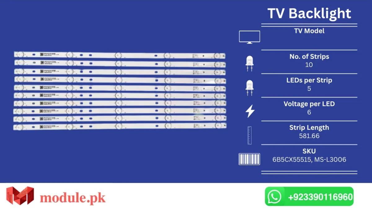 LED Backlight Strip China 55" - 6V - 582mm - 6B5CX55515, MS-L3006, K58DLX9US, 58PU55STC, Smx5819usm, CX580DLEDM, 58F2