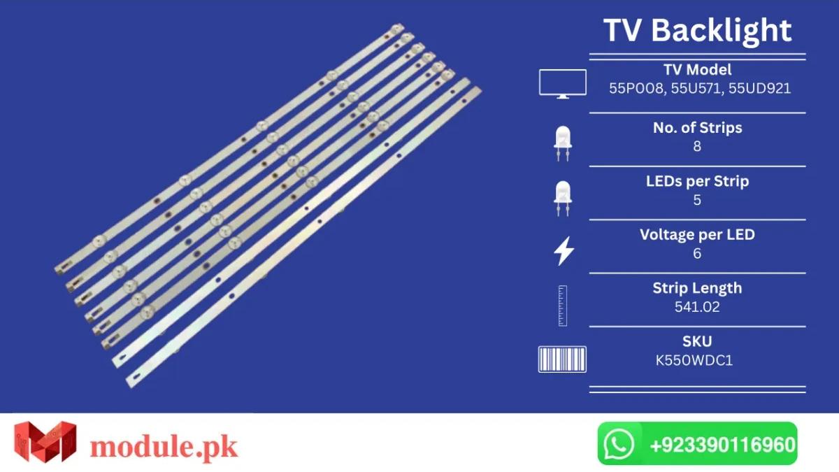 LED Backlight Strip Ecostar 55" - 6V - 541mm - PEL 55P008, CX-55U571, CX-55UD921, 55PUF6263, 55PUF6052, 55PUF6092, U55S870VKE, 55U750TS, 55PUF6022, 55PUT6002