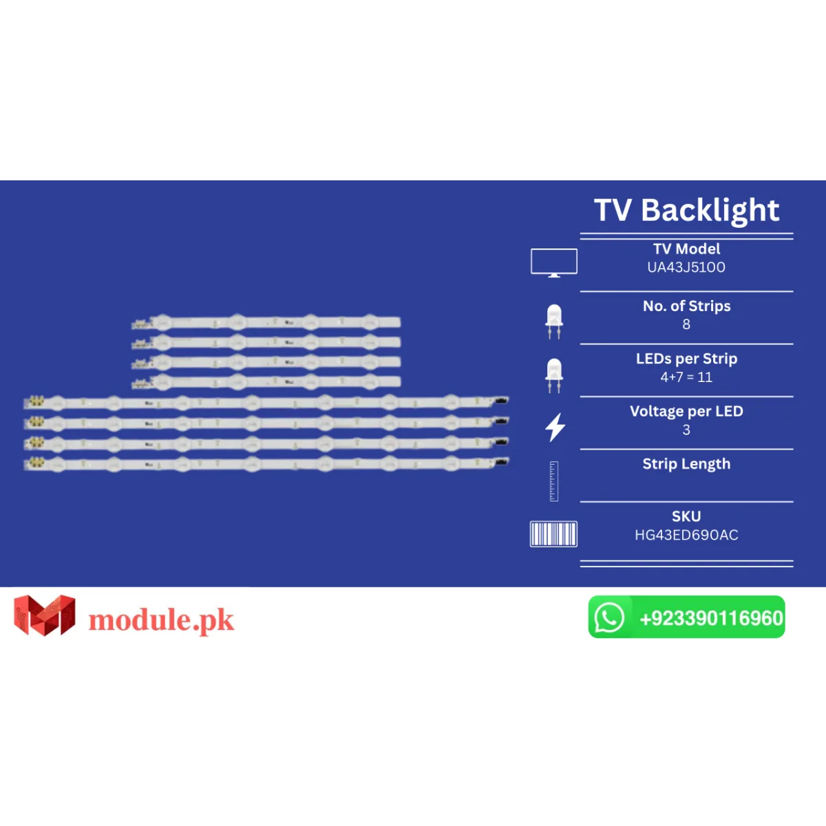 LED Backlight Strip Samsung 43" - 3V - UA43J5100AK, UA43J5500AK, UA43J5000AK, UA43M5100AK