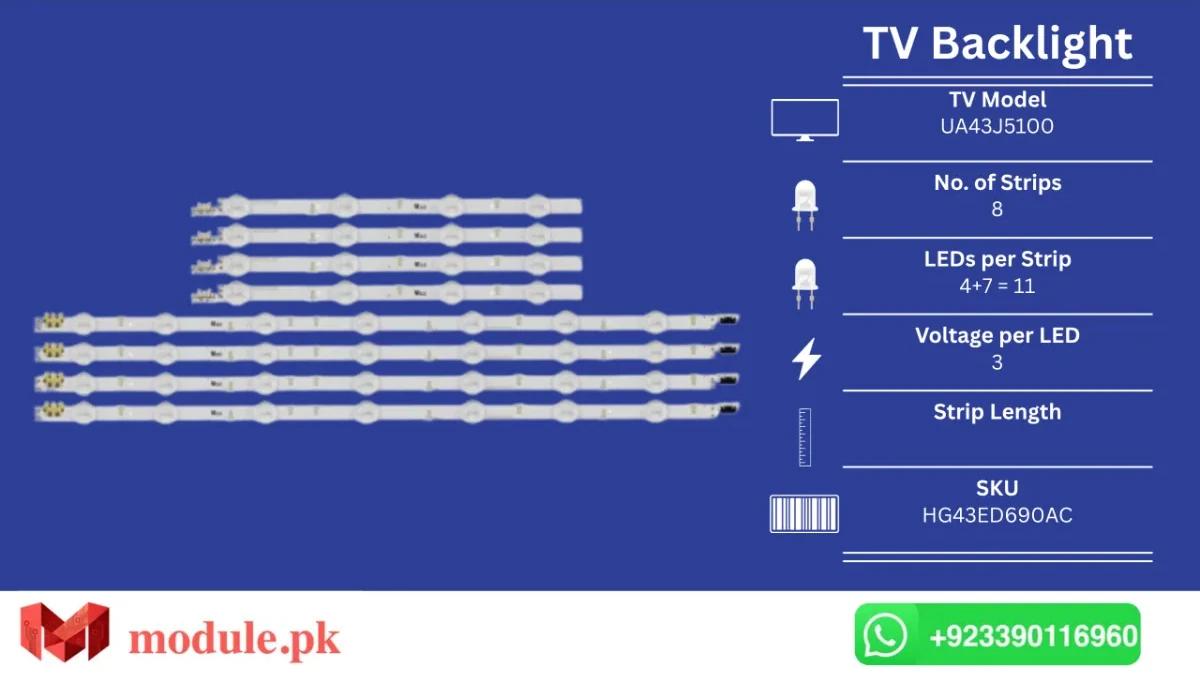 LED Backlight Strip Samsung 43" - 3V - UA43J5100AK, UA43J5500AK, UA43J5000AK, UA43M5100AK