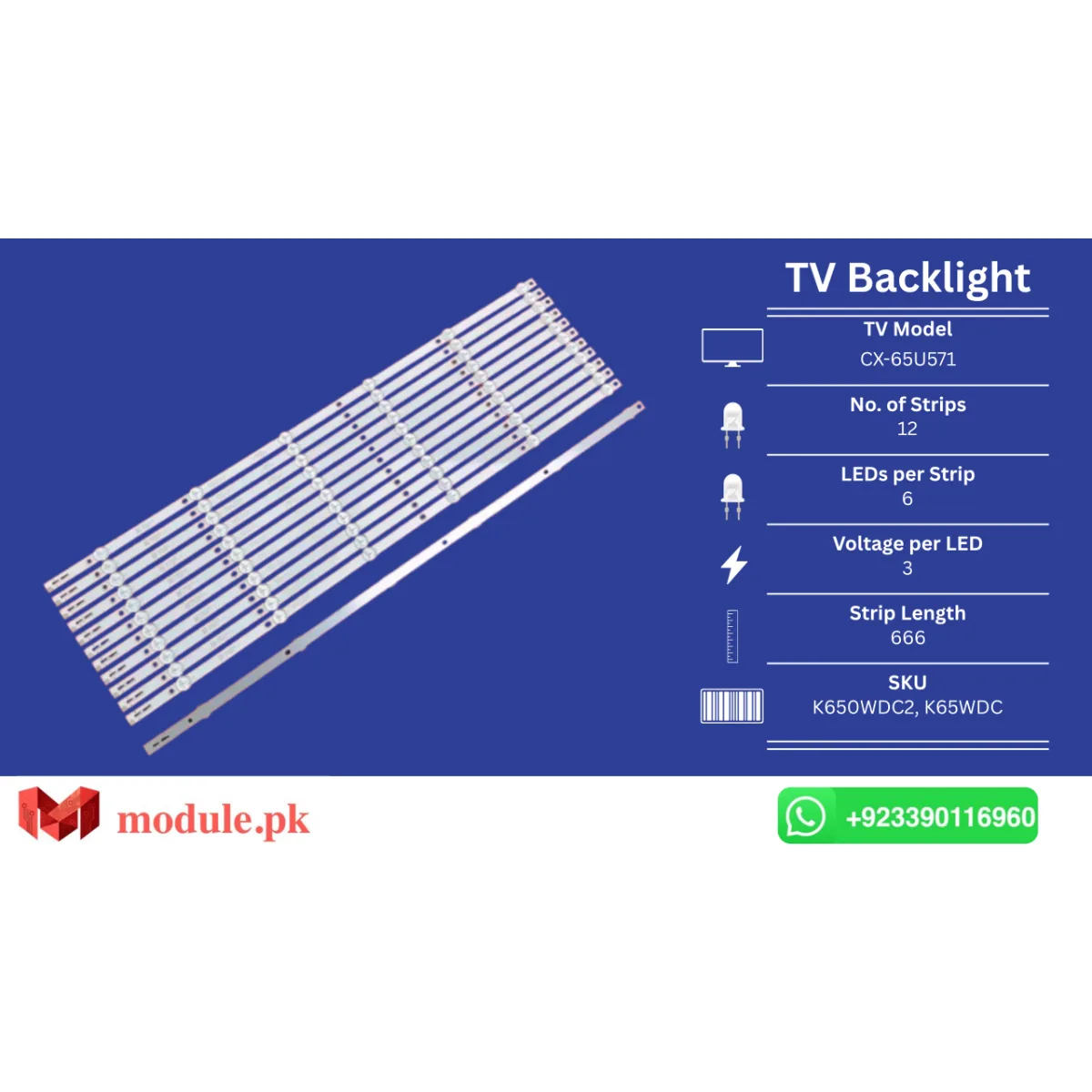 LED Backlight Strip Ecostar 65" - 3V - 666mm - Al65asuhd, Im65us820, Mg65ubl, 65HFF5358/T3, 65PUF6023, Cx-65UD921