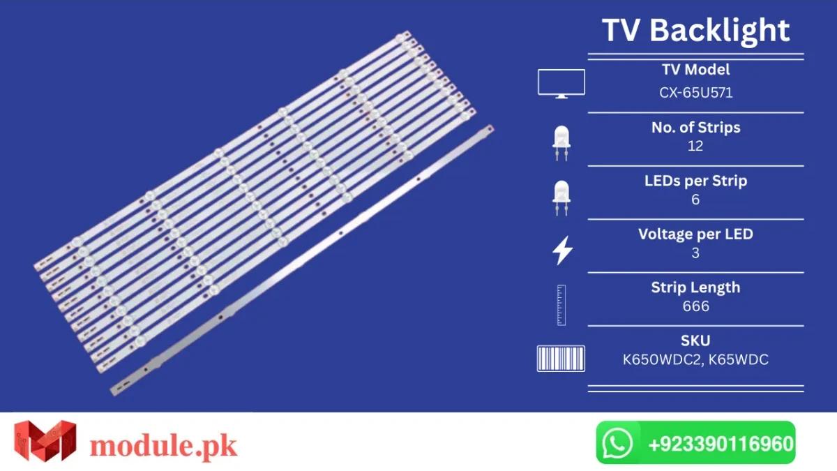 LED Backlight Strip Ecostar 65" - 3V - 666mm - Al65asuhd, Im65us820, Mg65ubl, 65HFF5358/T3, 65PUF6023, Cx-65UD921