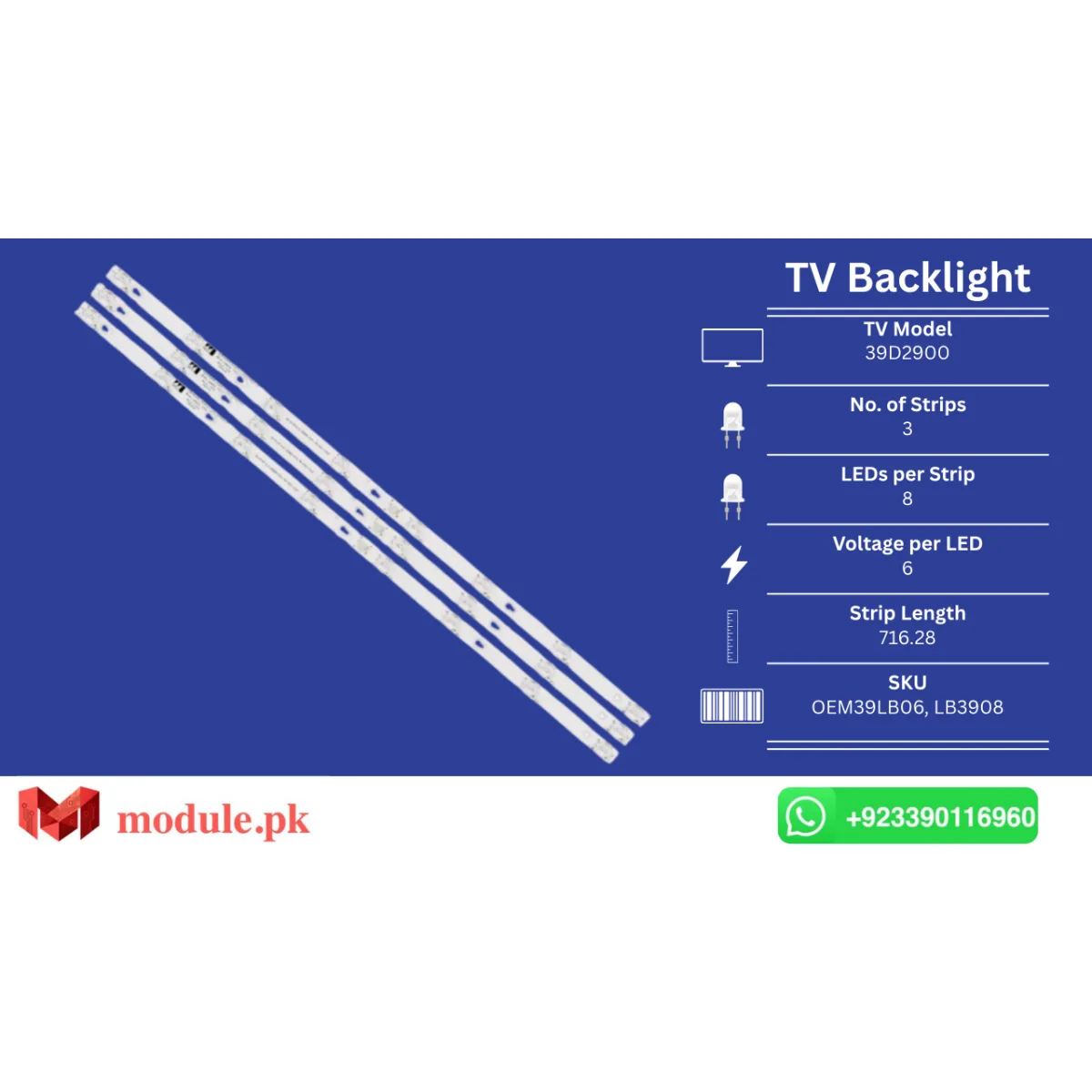 LED Backlight Strip TCL 39" - 6V - 713mm - 39D2900, 39L2650C, L39S4900FS, L39S4900, LB3908