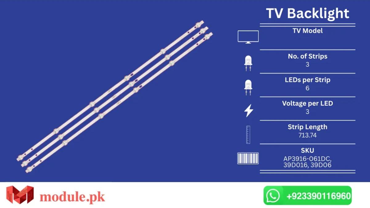 LED Backlight Strip China 40" - 3V - 714mm - AP3916-061DC, LY400-DH01, LY400-DH2