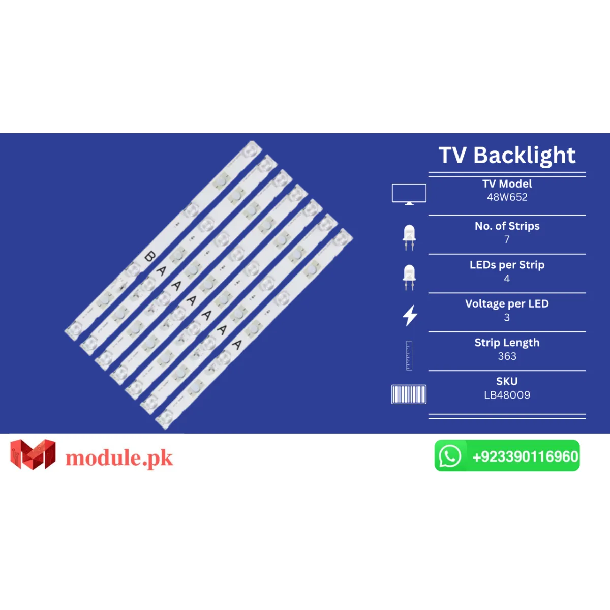 LED Backlight Strip Sony 48" - 3V - 363mm - KDL-48W650D, KDL-48W652D, LB48009, KDL-48W653