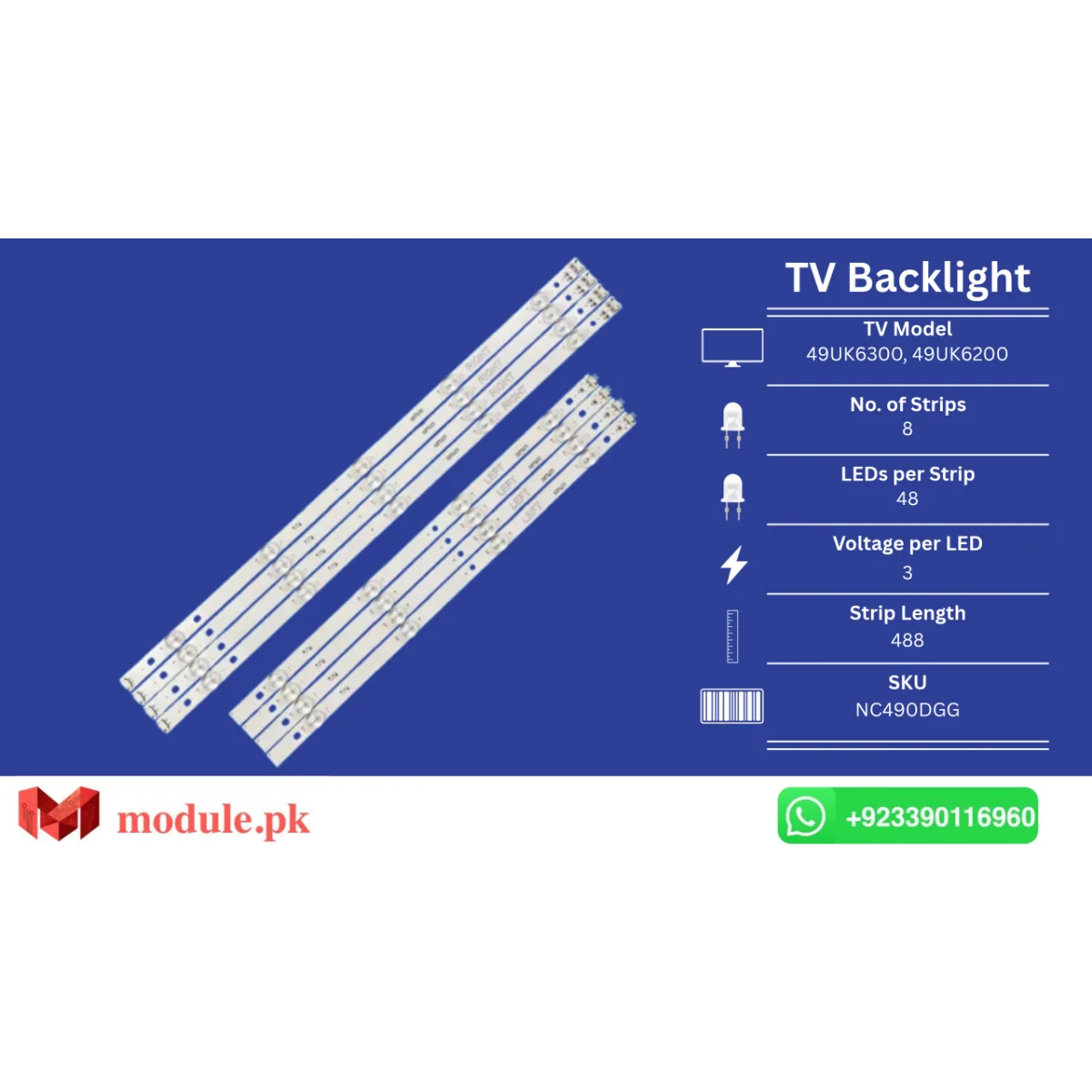 LED Backlight Strip LG 49" - 3V - 488mm - 49UK6300, 49UK6200, 49UJ635V, 49LJ5500, 49UJ635T
