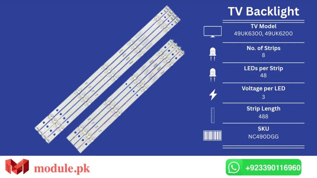 LED Backlight Strip LG 49" - 3V - 488mm - 49UK6300, 49UK6200, 49UJ635V, 49LJ5500, 49UJ635T
