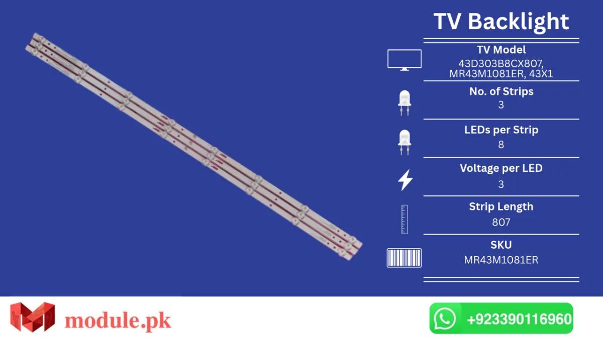 LED Backlight Strip China 43" - 3V - 807mm - 43D303B8CX807, MR43M1081ER, 43X1