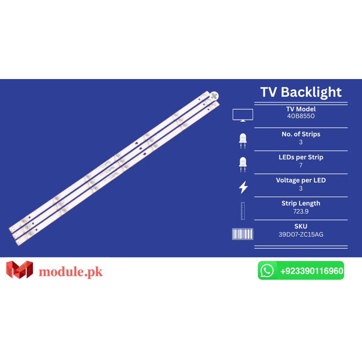LED Backlight Strip Orient 40" - 3V - 724mm - Orient PUMA 40-Inch HD BLACK, TF-LED39S52T2, LE39B8550T, LC390TA2A, LED40M3100A, LED39S1, LED39M260A
