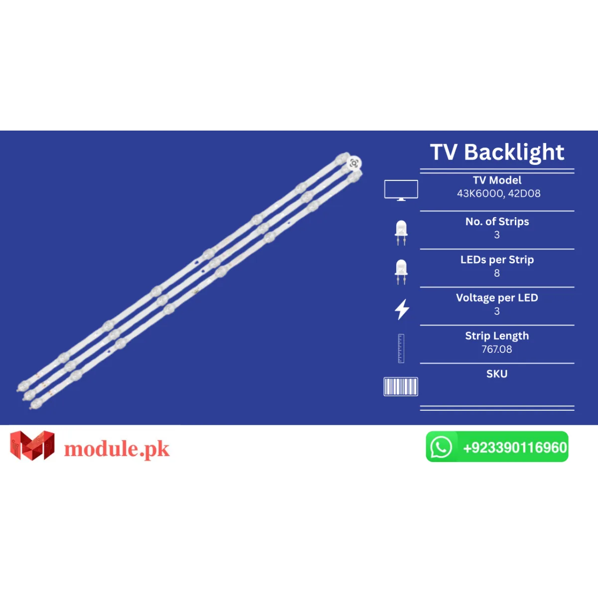 LED Backlight Strip Haier 42" - 3V - 767mm - 43K6000, LED42D08, LE43C61, 43v31