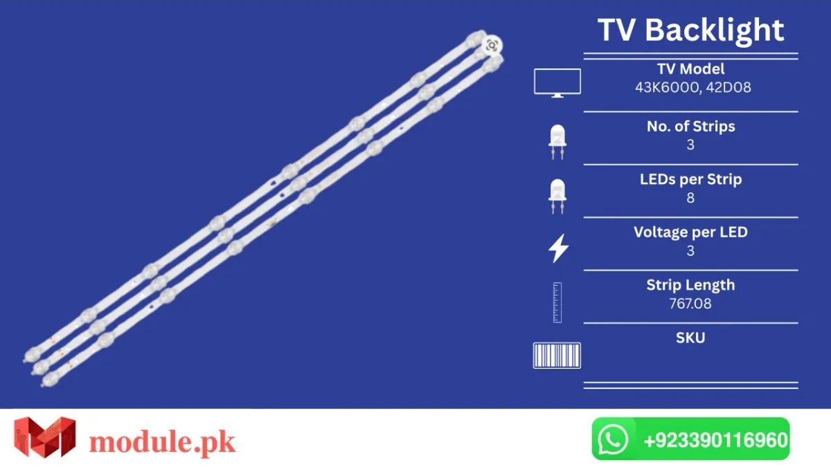 LED Backlight Strip Haier/JVC/Mystery 42"/43" - 3V - 770mm - 43K6000, LED42D08, LE43C61, 43v31, LE43K6000SF, LE43K6500SA, LE43K6500TF, LE43K6500U, LT-43MAW595, MTV-4333LT2