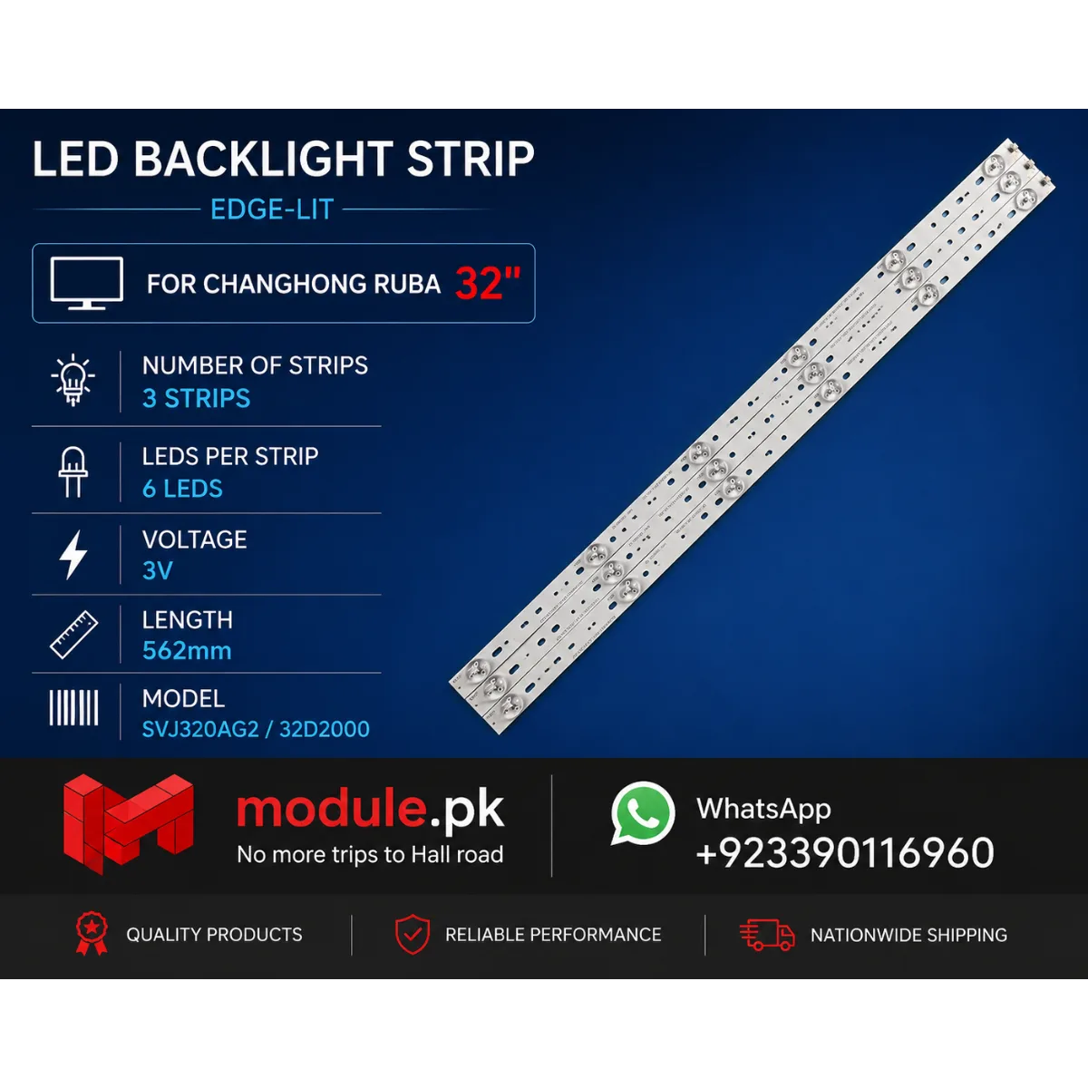 LED Backlight Strip Changhong 32" - 3V - 562mm - 32D2000, 32C1000N