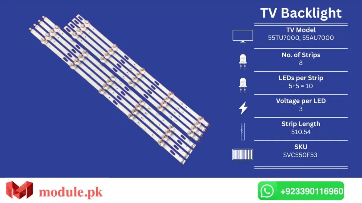 LED Backlight Strip Samsung 55" - 3V - 511mm - UE55TU7105K, UA55TU8000, UA55TU7000, UN55TU8200, UN55TU7000, UN55TU800, UE55TU8000, UE55TU7000, UE55TU7100U