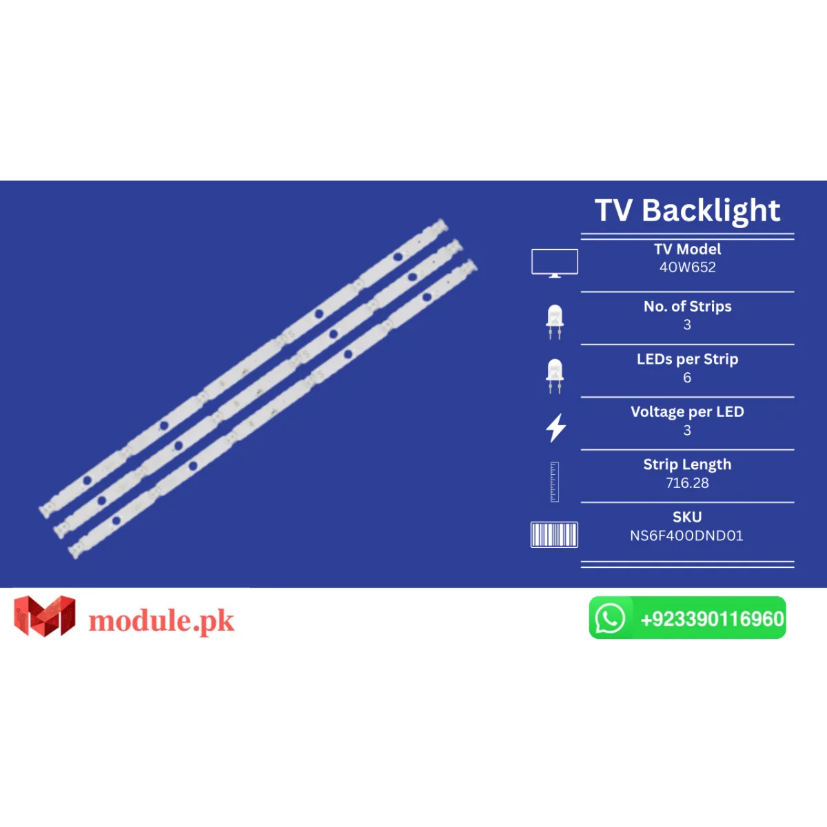 LED Backlight Strip Sony 40" - 3V - 716mm - KDL-40W652, KDL-40W650D, KDL-40W655D