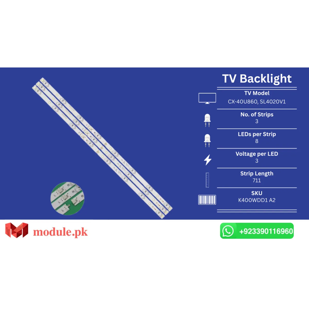 LED Backlight Strip Ecostar 40" - 3V - 711mm - CX-40U860, SL4020V1, CX-40U861, CX-40U862, CX-40U863