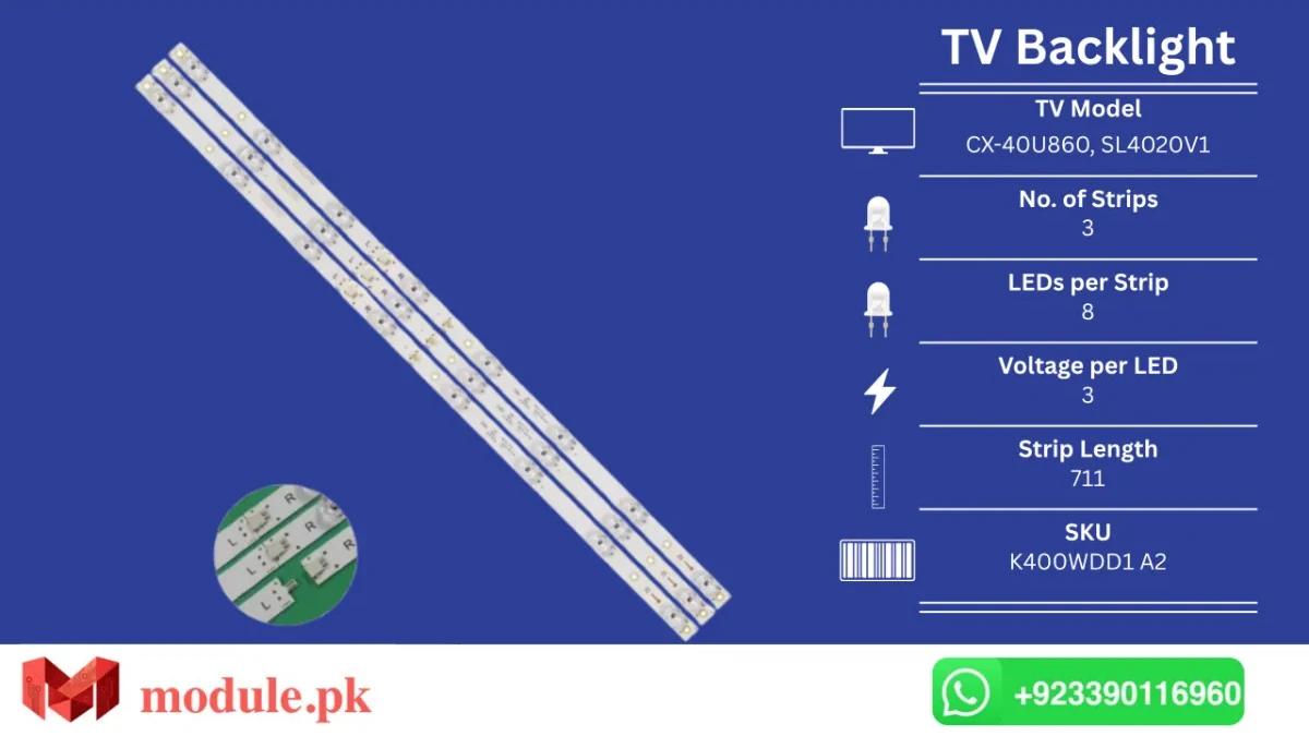 LED Backlight Strip Ecostar 40" - 3V - 711mm - CX-40U860, SL4020V1, CX-40U861, CX-40U862, CX-40U863