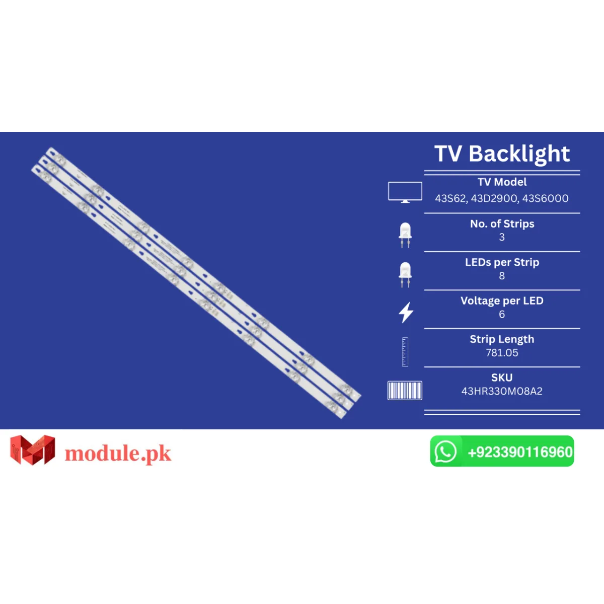 LED Backlight Strip TCL 43" - 6V - 781mm - 43S62, 43D2900, 43S6000, L43P1A-F, LE43F1B
