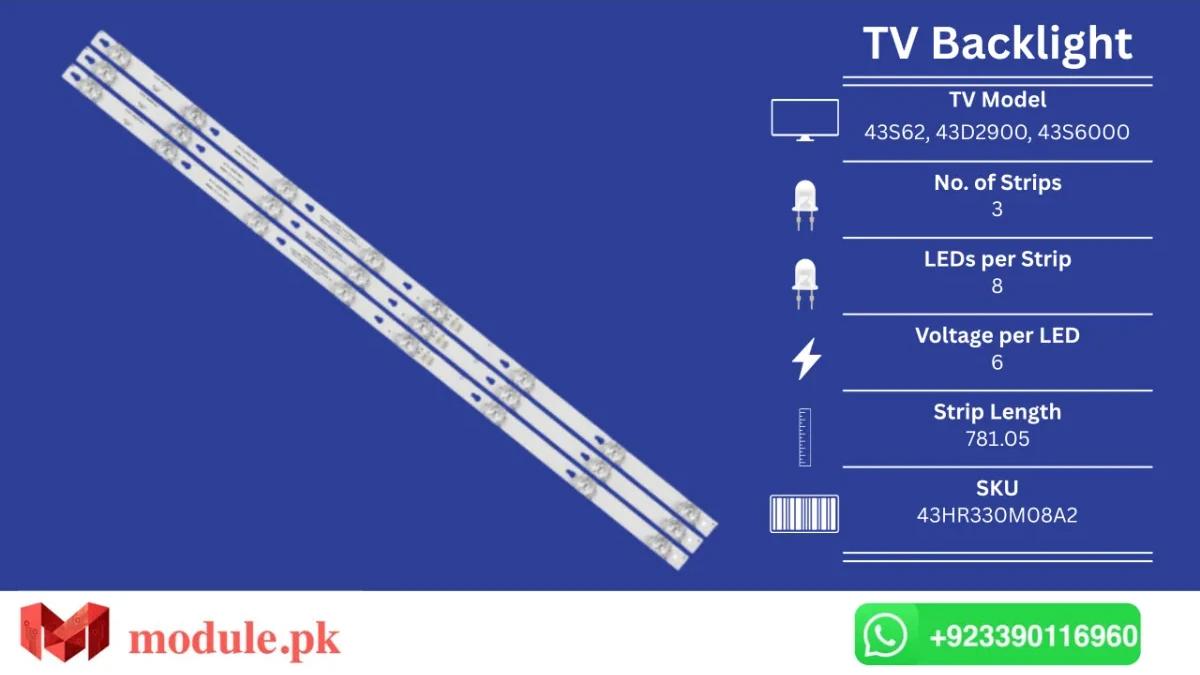 LED Backlight Strip TCL 43" - 6V - 781mm - 43S62, 43D2900, 43S6000, L43P1A-F, LE43F1B