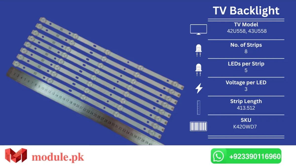 LED Backlight Strip Ecostar 42" - 3V - 414mm - CX-42U558, CX-43U558, 43LE7173D, 43PFT4001, 43PFF5459, 42PUF6052, TH-43C500C