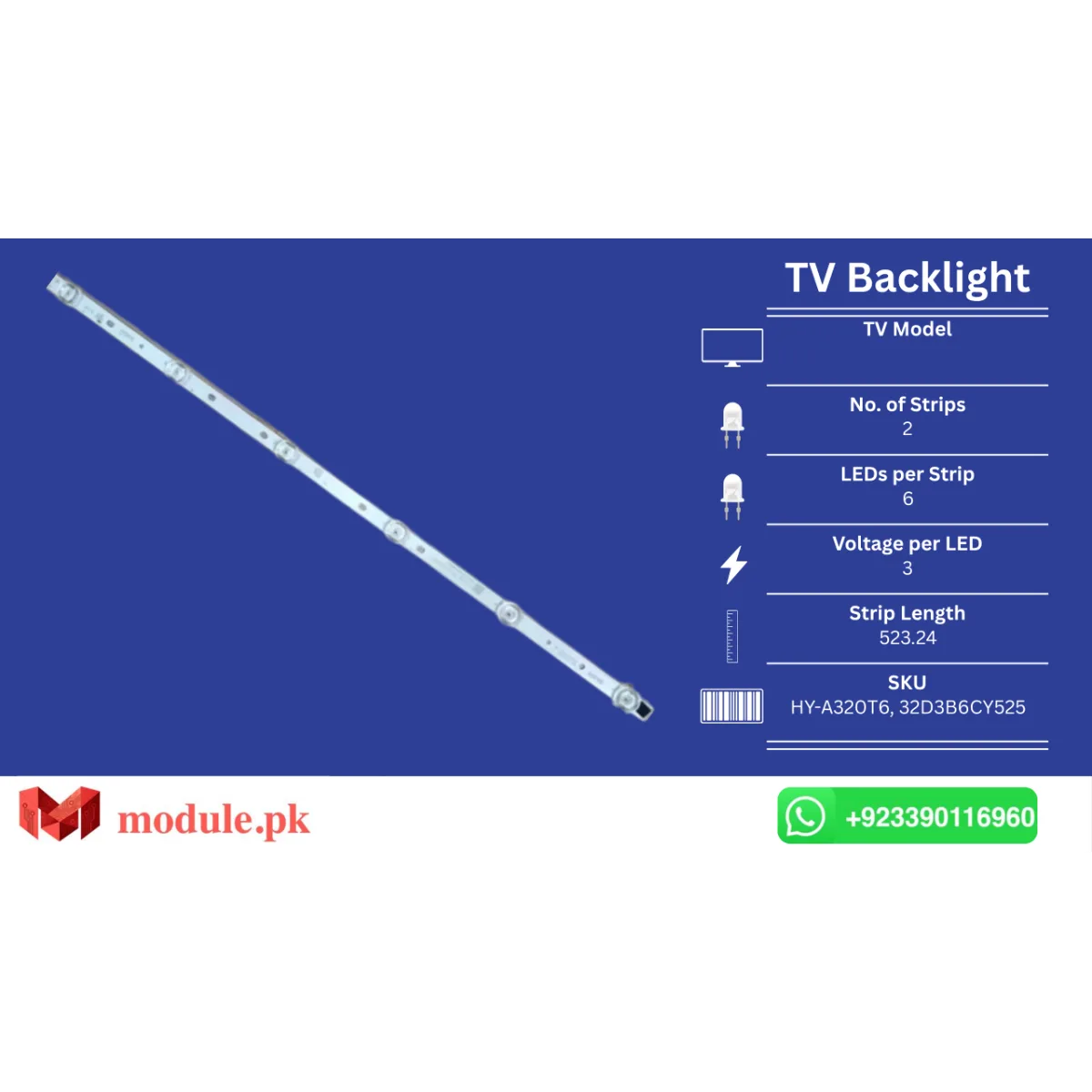 LED Backlight Strip China 32" - 3V - 523mm - HY-A320T6, 32D3B6CY525