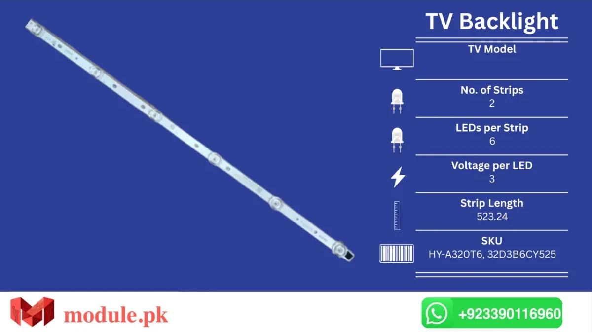 LED Backlight Strip China 32" - 3V - 523mm - HY-A320T6, 32D3B6CY525