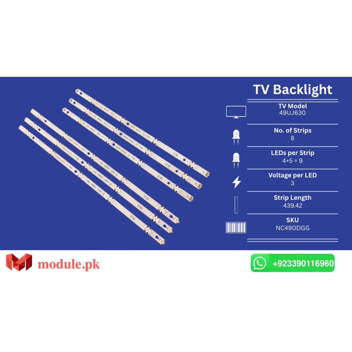 LED Backlight Strip LG 49" - 3V - 439mm - 49UJ630, 49LJ614V, 49UJ634V, 49UJ701V, 49UJ651V, 49UJ670, 49UJ670Y, 49LJ61, 49LH61, 49UJ65, 49UH620V, 49UH651V, 49UH603V